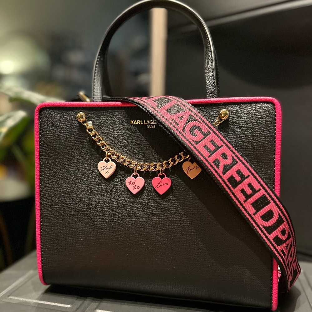 Karl Lagerfeld Paris Maybelle Black & Pink Shoulder/Crossbody Tote Bag w/Chain